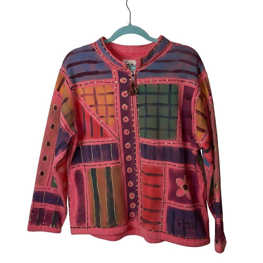 Hari Vintage 1990s Womens Jacket Size Large Multicolor Hand Painted Full Zip